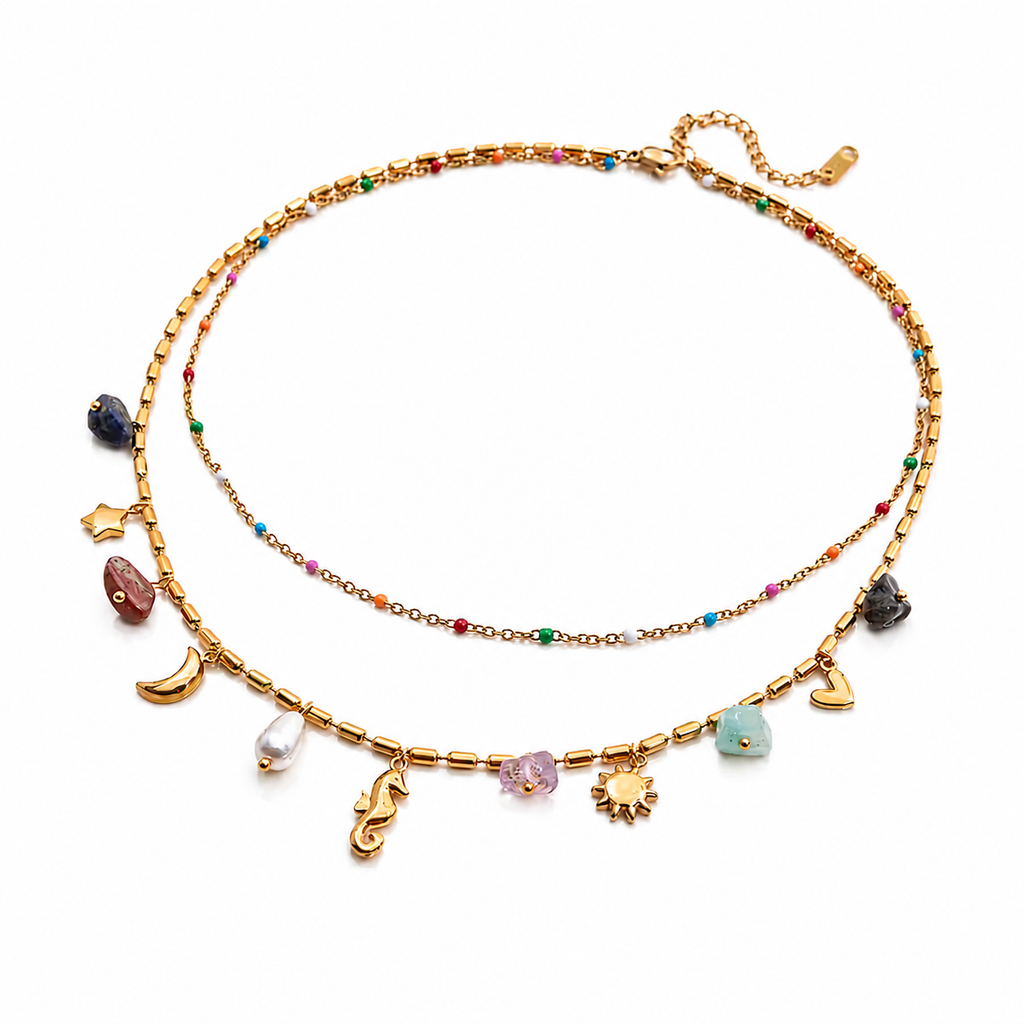Celestial Charm Layered Necklace – Gold-Tone Double Chain with Colorful Gem Accents