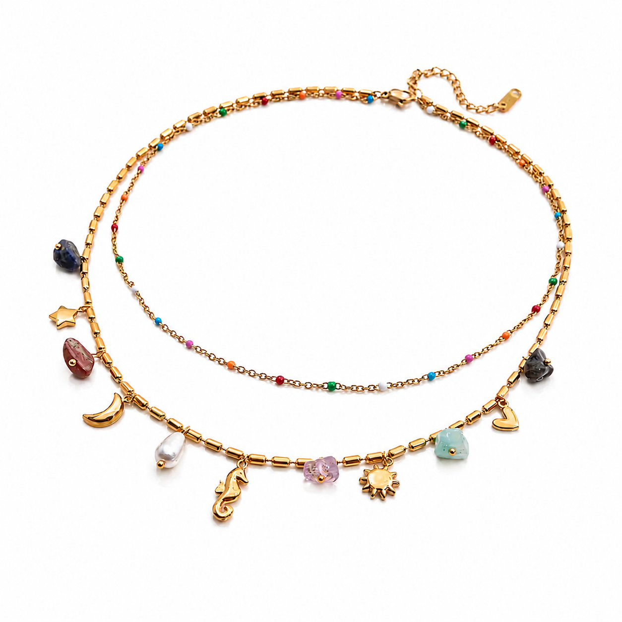 Celestial Charm Layered Necklace – Gold-Tone Double Chain with Colorful Gem Accents