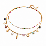 Celestial Charm Layered Necklace – Gold-Tone Double Chain with Colorful Gem Accents