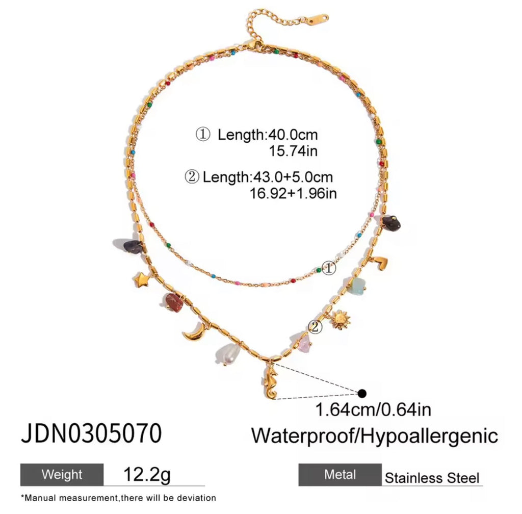 Celestial Charm Layered Necklace – Gold-Tone Double Chain with Colorful Gem Accents