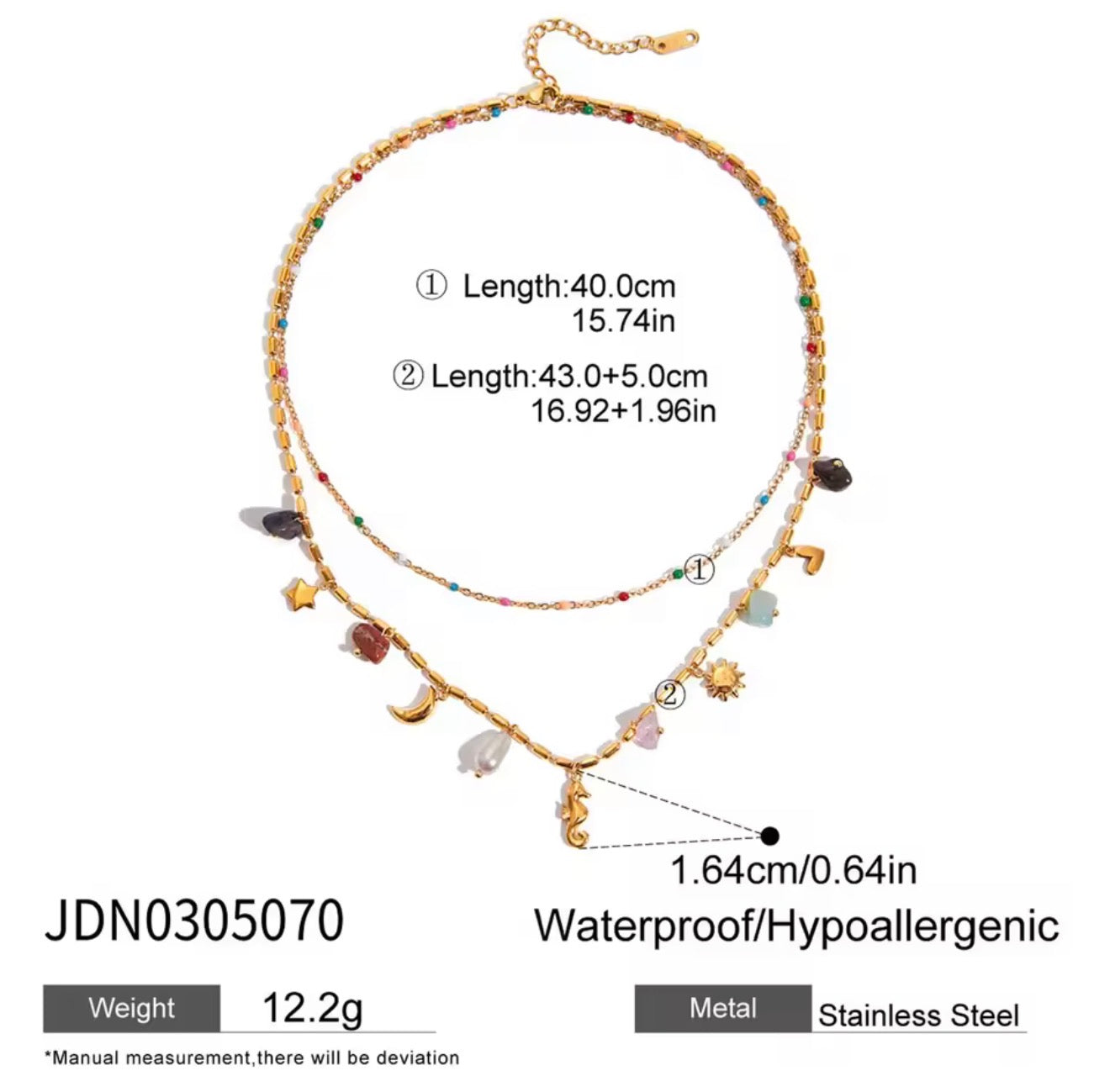 Celestial Charm Layered Necklace – Gold-Tone Double Chain with Colorful Gem Accents