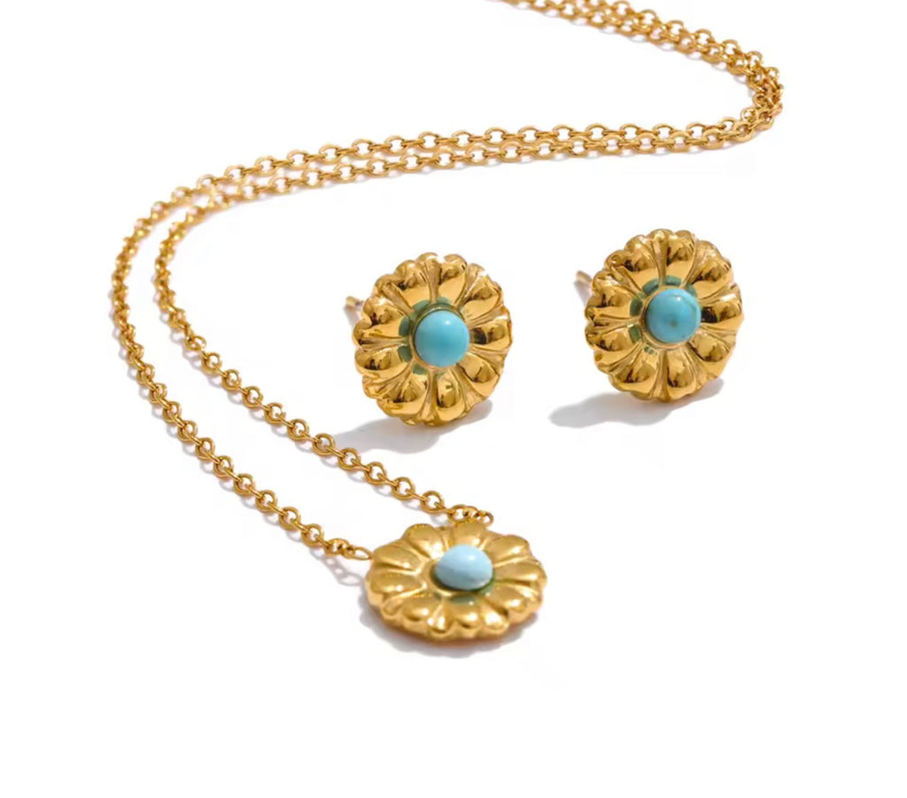 Turquoise Sky Set – Gold Stainless Steel Necklace & Earrings